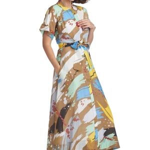 Abstract Brushstroke Midi Shirt Dress in Brown